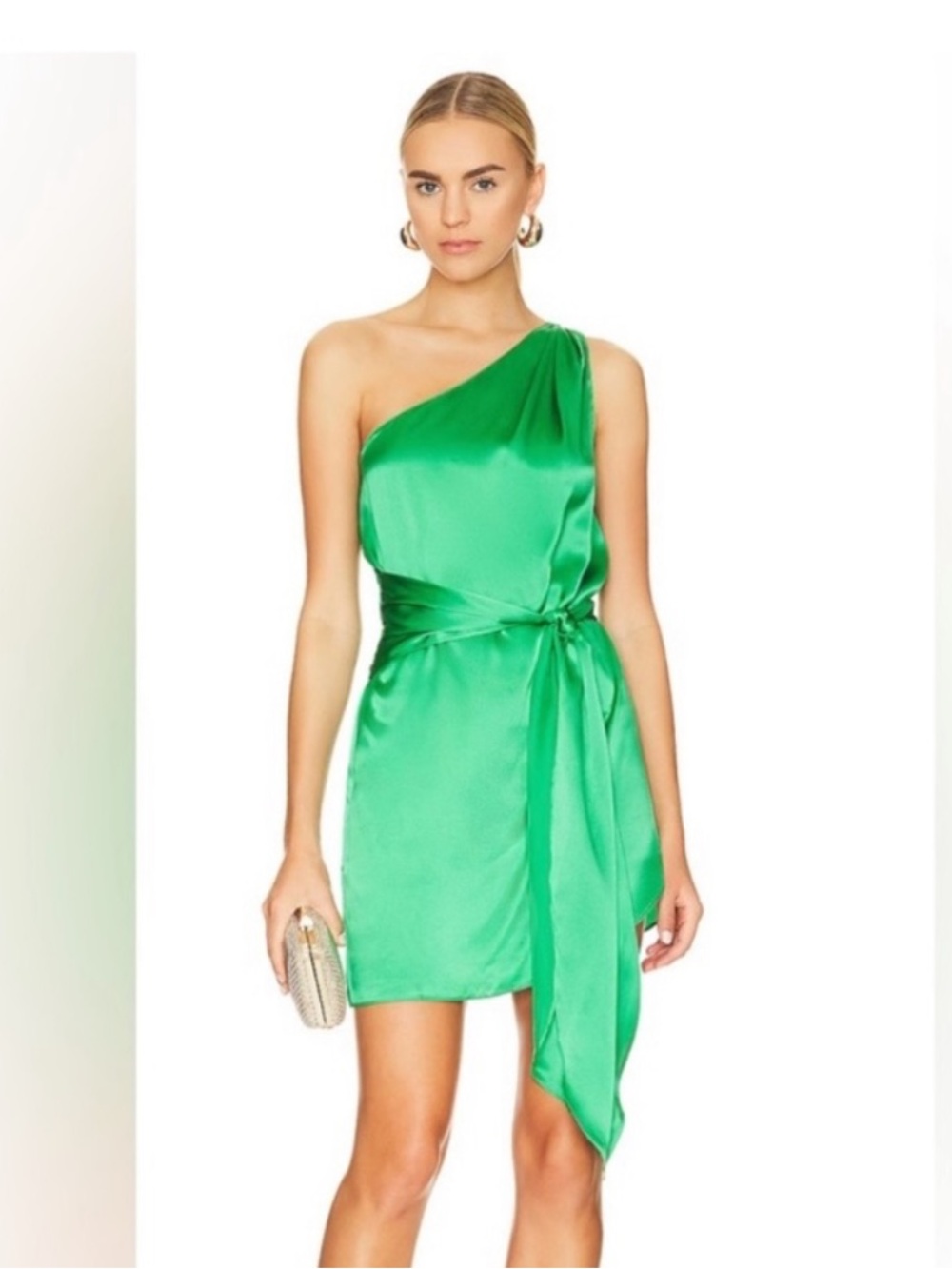 Amanda Uprichard One-Shoulder Green Satin Mini Dress with Waist Tie